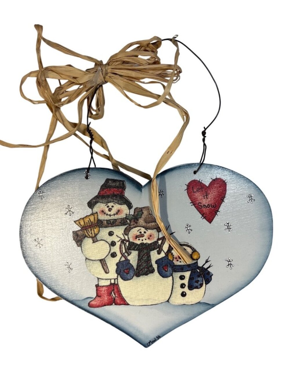 Hand Painted Wooden Heart Let It Snow" Wall Hanging Snowman Family Raffia Signed
